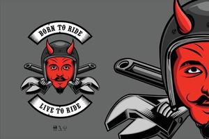 DEVIL HEAD RACER AND WRENCH ILLUSTRATION WITH A GRAY BACKGROUND.eps vector
