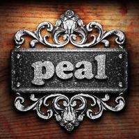 peal word of iron on wooden background photo