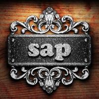 sap word of iron on wooden background photo