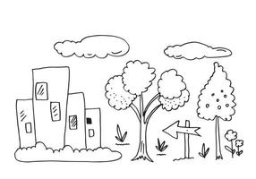 Hand drawn sketch of tall buildings with vector illustration of clouds, arrows and grass