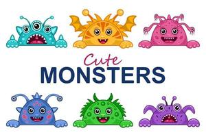 Set cute head monsters cartoon isolated vector