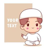 lindo niño musulmán con eslogan de texto personaje de dibujos animados vector