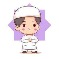 Cute Moslem boy greeting pose cartoon character vector