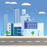 Urban landscape with large modern buildings and a road ahead. Business city urban landscape, vector illustration.