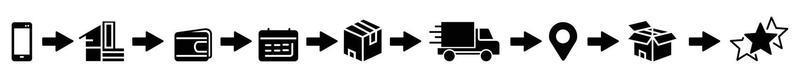 iconos de contorno establecidos sobre hacer clic y recopilar. compras en línea conceptos servicios de entrega pasos vector
