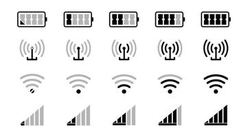 conjunto de iconos de señal wifi, ilustración de vector de icono de nivel de señal móvil. nivel de carga de la batería del teléfono inteligente, icono de intensidad de la señal wifi y niveles de conexión de red
