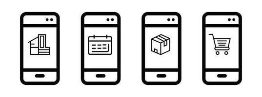 outline icons set about click and delivery services steps via smartphone. Shopping online concepts delivery services steps via smartphone vector