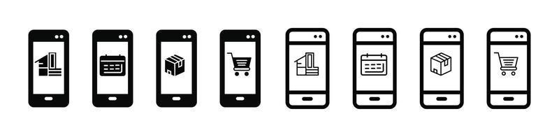 outline icons set about click and delivery services steps via smartphone. Shopping online concepts delivery services steps via smartphone vector