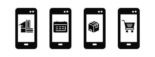 outline icons set about click and delivery services steps via smartphone. Shopping online concepts delivery services steps via smartphone vector