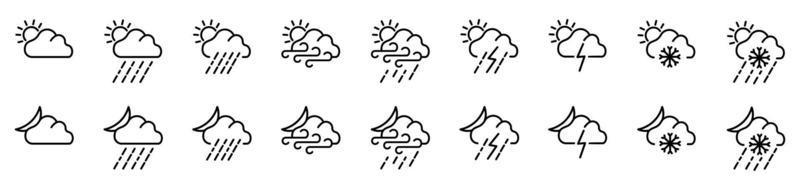 Símbolos vectoriales planos meteorológicos, pronóstico del tiempo - conjunto de iconos web de esquema vector