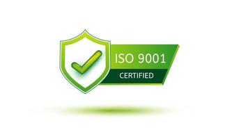 ISO 9001 certified  badge icon. international quality management industry system isolated on white background with green shadow vector illustration