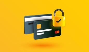 Credit card security icon on yellow backround. Money protection online banking sign or symbol design for mobile applications and website concept 3d vector illustration style