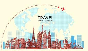 Travel to World with famous landmarks with hand drawn sketch style with airplane jetliner flying sign and world map for travel poster banner and postcard design Vector illustration.