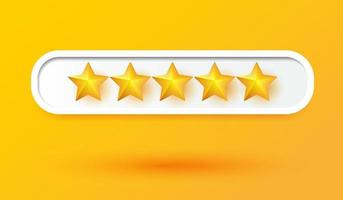 Five yellow stars customer rating feedback product review button 3d icon vector illustration. Sign or symbol design for mobile applications and website.