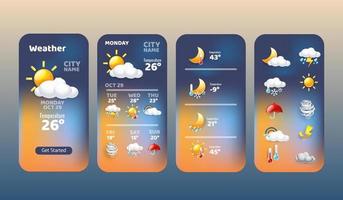 icono de colección de widgets de pronóstico del tiempo programa de aplicación móvil con nube de lluvia sol nevando ventoso y símbolo de luz solar concepto de ilustración vectorial vector