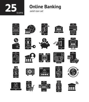 conjunto de iconos sólidos de banca en línea. vector