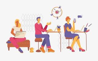People at office or open workspace, coworking center, flat vector illustration. Business people, men and women working on computers and laptops in open workplace.