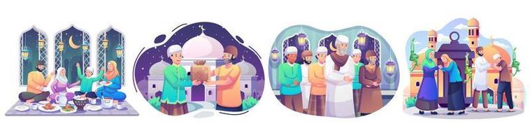 Set of Ramadan concept illustration. Happy Muslim people celebrate Holy Month Ramadan, Iftar Party, Reading Qur'an, Taraweeh, Eid Mubarak greeting. vector illustration