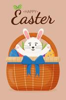 Easter greeting card with wicker basket and Easter eggs. Happy Easter banners, greeting cards, posters, holiday covers. vector