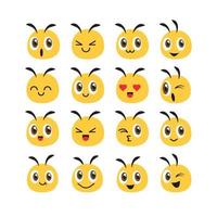 Flat deisgn cartoon cute bee head emoji set for farm or healthy natural food avatar. Vector bee profile emoji set