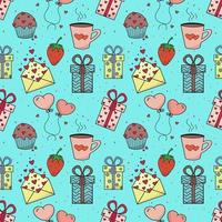 Cute seamless pattern on the theme of Valentine's Day, wedding, romantic events. Contour vector icons on a blue background.For websites and interfaces, mobile applications, icons, postcards.