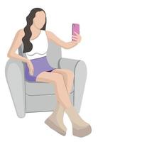 una chica con un teléfono en la mano se sienta en una silla, vector plano, aislada en un fondo blanco, bloguera, líder de opinión, influyente, ilustración sin rostro