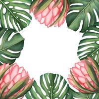 Tropical frame with plants and pink flowers on a white background. Watercolor hand painted, palm leaves