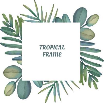 Watercolor frame of green tropical branches. Hand painted floral border with tree branches isolated on white background.