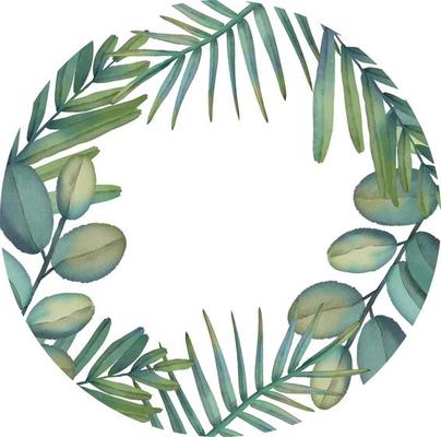 Watercolor frame of green tropical branches. Hand painted floral circle border with tree branches isolated on white background.