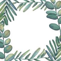 Watercolor frame of green tropical branches. Hand painted floral border with tree branches isolated on white background. vector