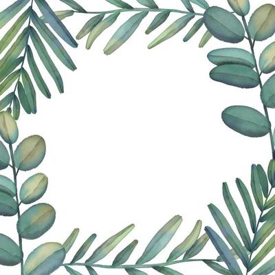 Watercolor frame of green tropical branches. Hand painted floral border with tree branches isolated on white background.