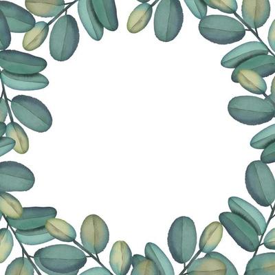 Watercolor frame of green tropical branches. Hand painted floral border with tree branches isolated on white background.