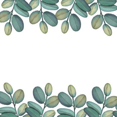 Watercolor frame of green tropical branches. Hand painted floral border with tree branches isolated on white background.