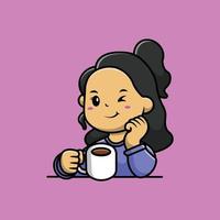 Cute Girl Drink Hot Coffee Cartoon Vector Icon Illustration. People Food Icon Concept Isolated Premium Vector. Flat Cartoon Style