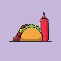 Taco With Sauce Bottle Cartoon Vector Icon Illustration. Food Icon Concept Isolated Premium Vector. Flat Cartoon Style