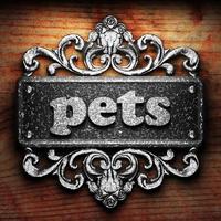 pets word of iron on wooden background photo