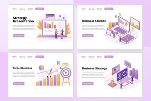 Set of Landing page design templates for Business Strategy, Business Solution, and Business Target. Easy to edit and customize. Modern Vector illustration concepts for websites