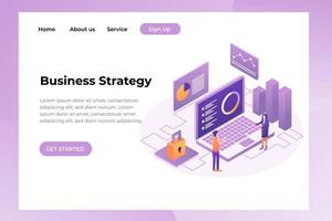 página de destino de estrategia empresarial de concepto de diseño plano. Diseño plano isométrico 3d. análisis de datos e inversión. .revisión financiera con laptop y elementos infográficos. fácil de editar y personalizar vector