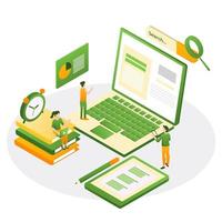 Students Learning Online at Home. People Characters Looking at Laptop and Studying with Smartphone, Books and Exercise Books. Online Education Concept. Flat Isometric Vector Illustration.