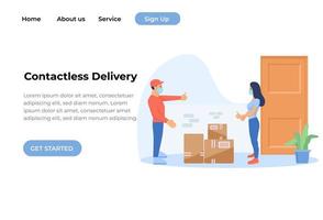 Contactless delivery concept illustration. Vector scene with courier delivering box and woman in protective masks with safe distance to protect form covid-19 or coronavirus