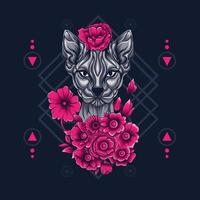 gato floral con fondo de geometría sagrada. perfecto para ropa, mercancía, pin, etc. vector