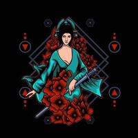 geisha illustration with sacred geometry background vector