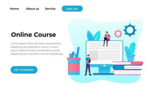 Online education or business training. Pile of books and tablet pc with video course, people with smart gadgets.Adult characters in trendy style, vector illustration
