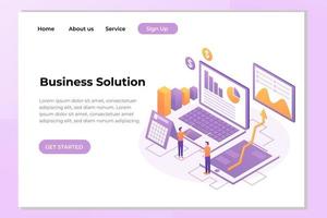 Unique Modern flat design concept of Business Solution Landing page. People interacting with charts and analyzing statistics. Easy to edit and customize. Vector illustration