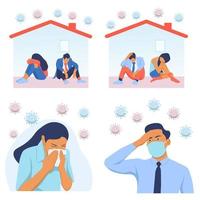 Young man and woman infected with Coronavirus vector flat illustration. People in medical face masks have a cough, surrounded by Covid-19 cells. Sick persons having cold.