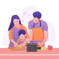 una familia alegre se queda en casa y cocina juntos en la cocina. vector