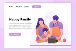 una familia alegre se queda en casa y cocina juntos en la cocina. vector