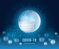 Earth planet with medical mask, Save the world prevent the Covid 19 Virus. Corona Virus pandemic outbreak design. vector