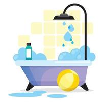 Baño con tina y ducha. ilustración infantil para el estudio de la rutina diaria. vector