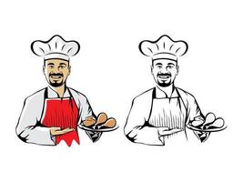 Smiling asian chef with fried chicken vector drawing